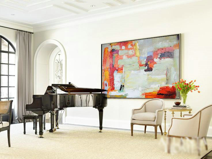 Handmade Large Contemporary Art,Horizontal Palette Knife Contemporary Art,Modern Art Abstract Painting,Red,Light Green,White,Yellow.etc